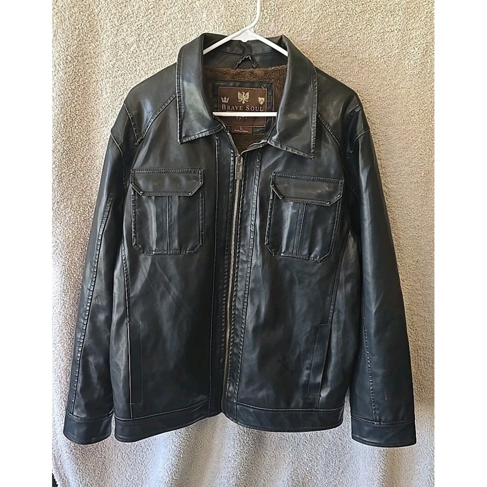 Brave Soul Brown Mens‎ Faux Leather Jacket L Lined Pockets